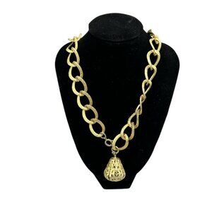 Vintage Gold Tone Statement Link Necklace Filigree Pendant Bold